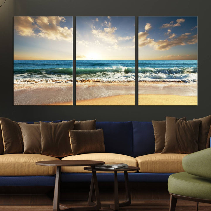 5 Panel Beach Sunrise Canvas Wall Art - Coastal Ocean Waves and Golden Sand, Ready to Hang Coastal Decor for Living Room, Bedroom, or Office