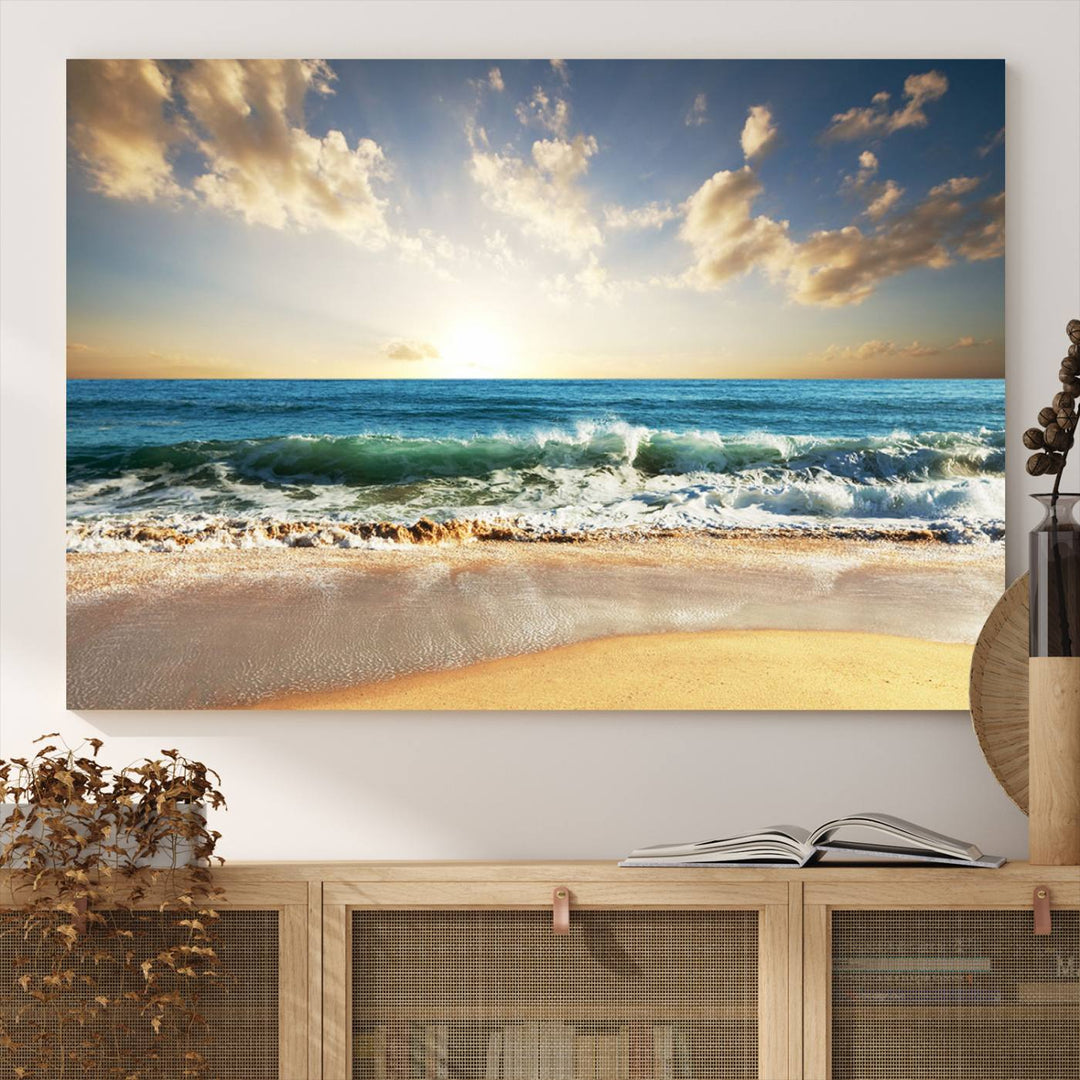 5 Panel Beach Sunrise Canvas Wall Art - Coastal Ocean Waves and Golden Sand, Ready to Hang Coastal Decor for Living Room, Bedroom, or Office