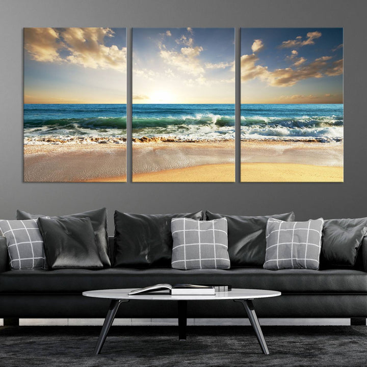 5 Panel Beach Sunrise Canvas Wall Art - Coastal Ocean Waves and Golden Sand, Ready to Hang Coastal Decor for Living Room, Bedroom, or Office