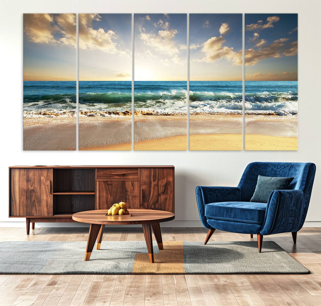 5 Panel Beach Sunrise Canvas Wall Art - Coastal Ocean Waves and Golden Sand, Ready to Hang Coastal Decor for Living Room, Bedroom, or Office