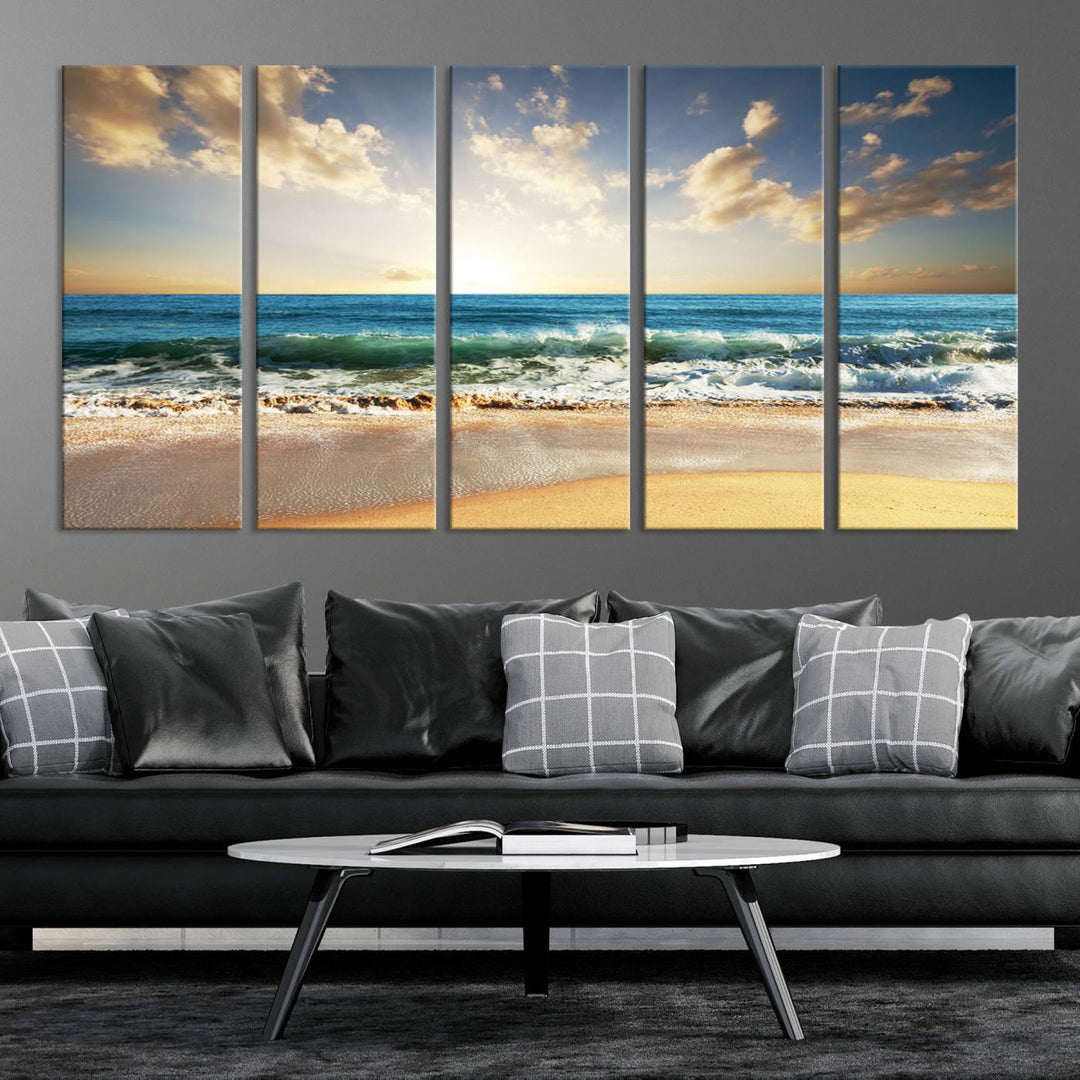 5 Panel Beach Sunrise Canvas Wall Art - Coastal Ocean Waves and Golden Sand, Ready to Hang Coastal Decor for Living Room, Bedroom, or Office