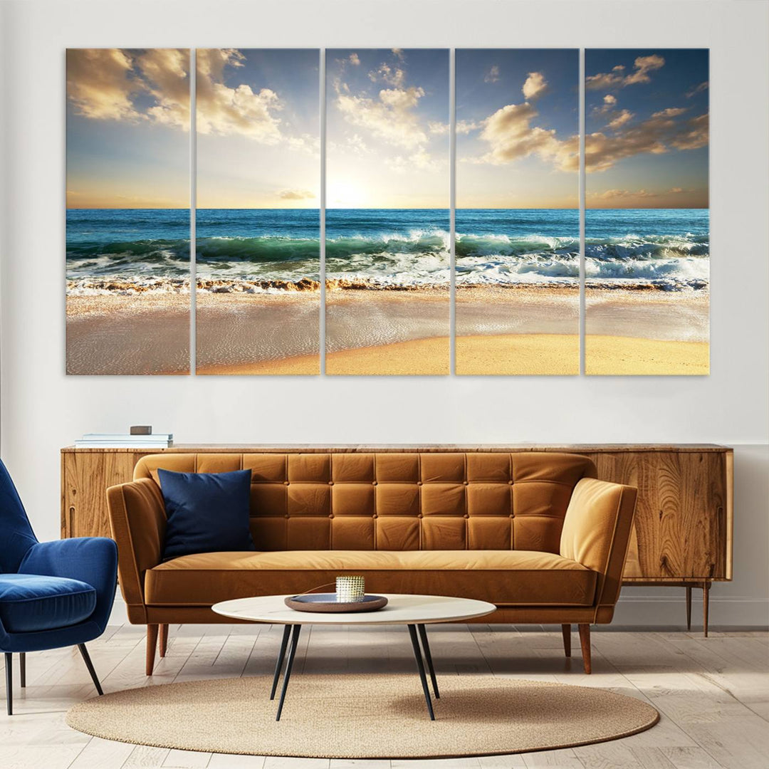 5 Panel Beach Sunrise Canvas Wall Art - Coastal Ocean Waves and Golden Sand, Ready to Hang Coastal Decor for Living Room, Bedroom, or Office