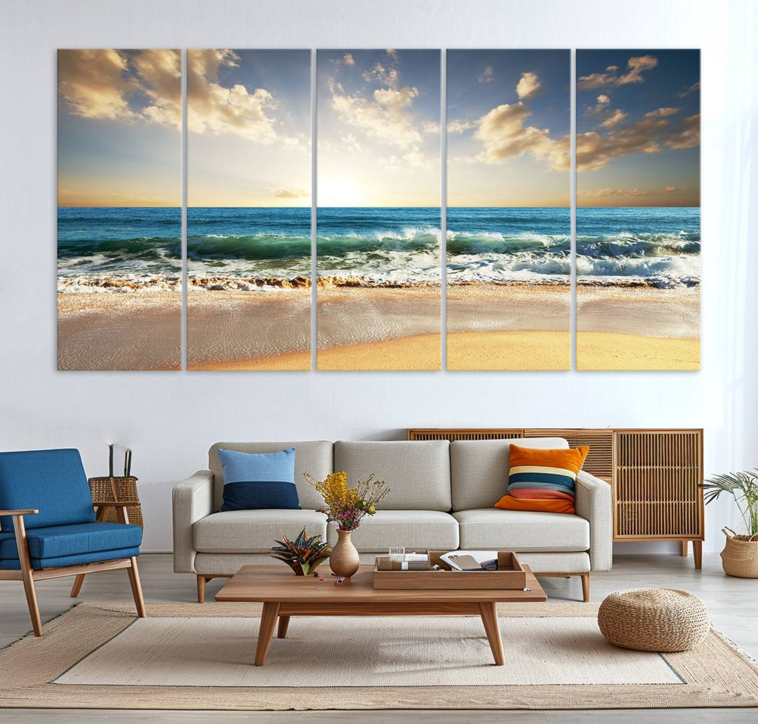 5 Panel Beach Sunrise Canvas Wall Art - Coastal Ocean Waves and Golden Sand, Ready to Hang Coastal Decor for Living Room, Bedroom, or Office