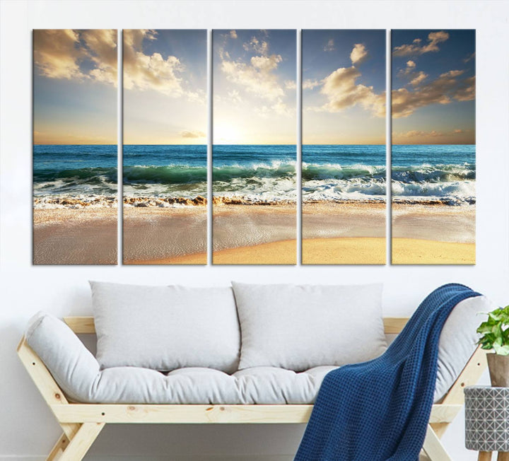 5 Panel Beach Sunrise Canvas Wall Art - Coastal Ocean Waves and Golden Sand, Ready to Hang Coastal Decor for Living Room, Bedroom, or Office