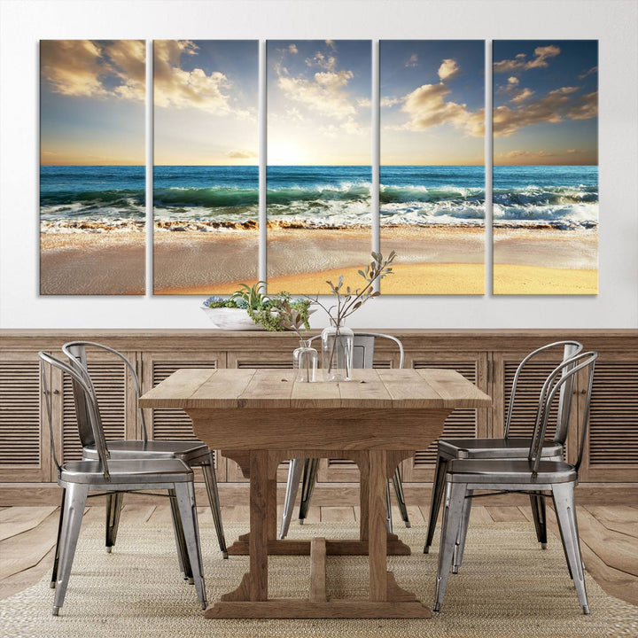 5 Panel Beach Sunrise Canvas Wall Art - Coastal Ocean Waves and Golden Sand, Ready to Hang Coastal Decor for Living Room, Bedroom, or Office