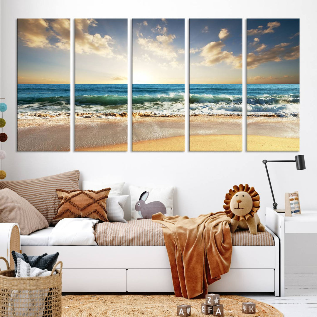 5 Panel Beach Sunrise Canvas Wall Art - Coastal Ocean Waves and Golden Sand, Ready to Hang Coastal Decor for Living Room, Bedroom, or Office