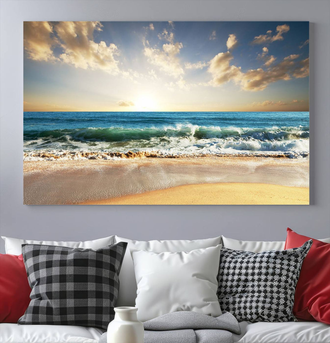 5 Panel Beach Sunrise Canvas Wall Art - Coastal Ocean Waves and Golden Sand, Ready to Hang Coastal Decor for Living Room, Bedroom, or Office