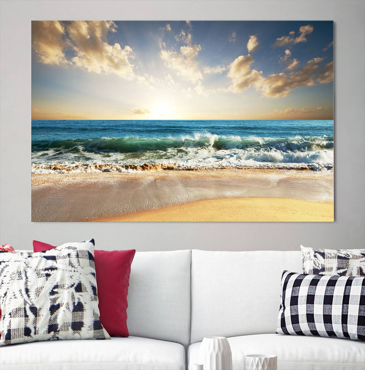 5 Panel Beach Sunrise Canvas Wall Art - Coastal Ocean Waves and Golden Sand, Ready to Hang Coastal Decor for Living Room, Bedroom, or Office