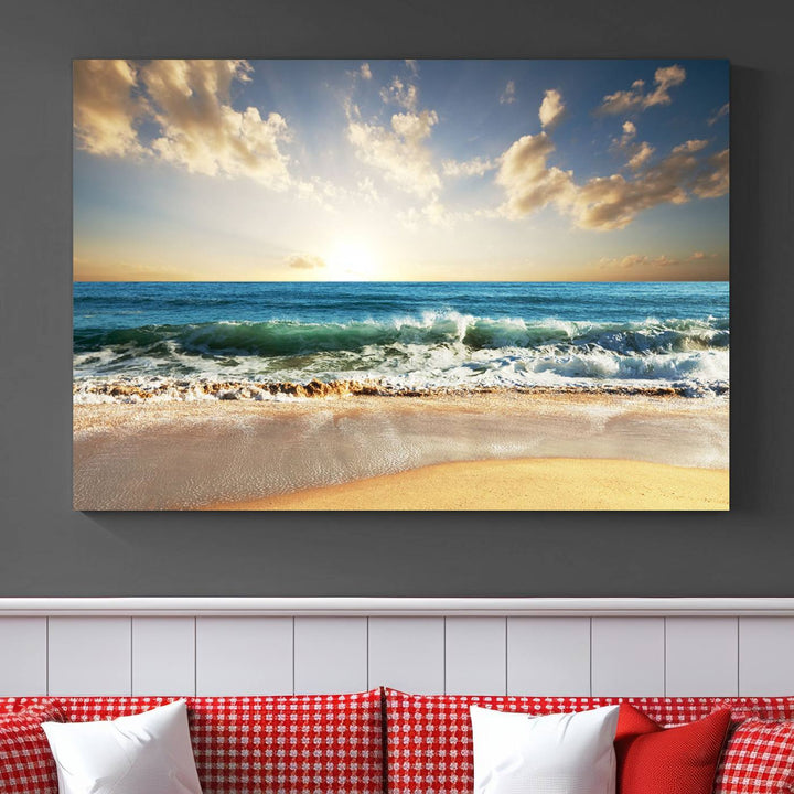 5 Panel Beach Sunrise Canvas Wall Art - Coastal Ocean Waves and Golden Sand, Ready to Hang Coastal Decor for Living Room, Bedroom, or Office