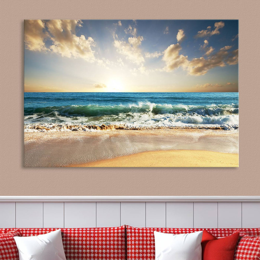 5 Panel Beach Sunrise Canvas Wall Art - Coastal Ocean Waves and Golden Sand, Ready to Hang Coastal Decor for Living Room, Bedroom, or Office