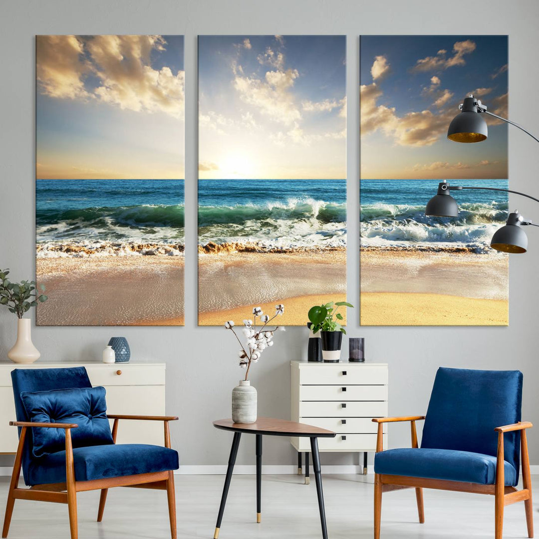 5 Panel Beach Sunrise Canvas Wall Art - Coastal Ocean Waves and Golden Sand, Ready to Hang Coastal Decor for Living Room, Bedroom, or Office