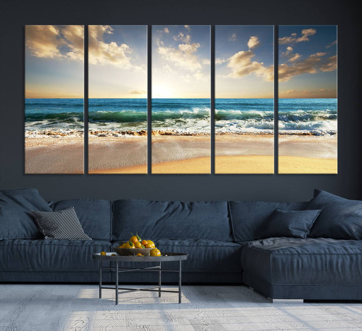 5 Panel Beach Sunrise Canvas Wall Art - Coastal Ocean Waves and Golden Sand, Ready to Hang Coastal Decor for Living Room, Bedroom, or Office