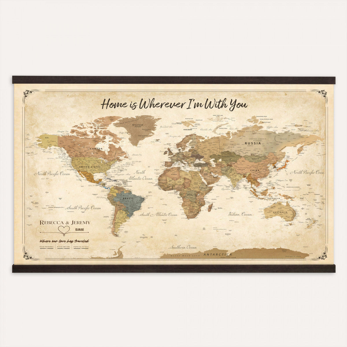40086165-T-MGV-TP-30X20 - Framed Vintage Custom World Map Tapestry Print - Personalized Travel Map Wall Art Tapestry