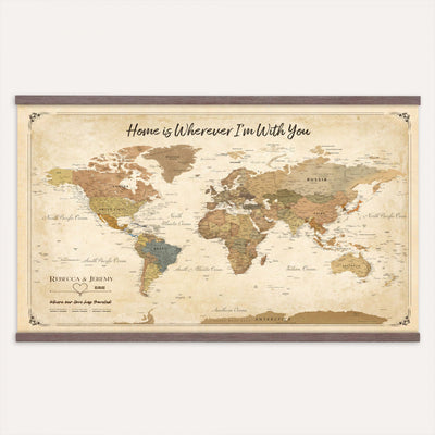 40086165-MGV-TP-30X20 - Framed Vintage Custom Push Pin World Map Canvas Print | Personalized Travel Map Wall Art