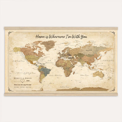 40086165-T-MGV-TP-30X20 - Framed Vintage Custom World Map Tapestry Print - Personalized Travel Map Wall Art Tapestry