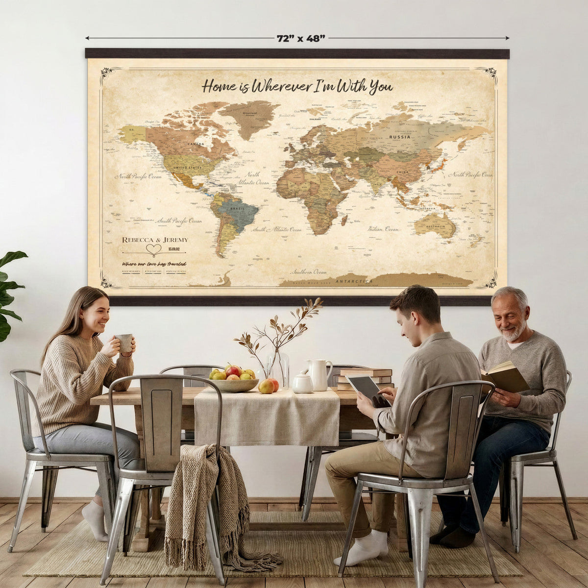 40086165-MGV-TP-30X20 - Framed Vintage Custom Push Pin World Map Canvas Print | Personalized Travel Map Wall Art