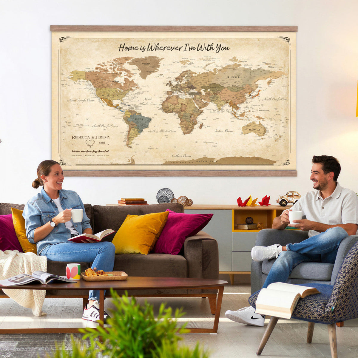 40086165-MGV-TP-30X20 - Framed Vintage Custom Push Pin World Map Canvas Print | Personalized Travel Map Wall Art