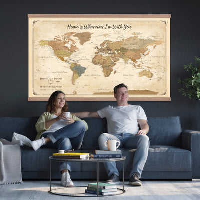 40086165-MGV-TP-30X20 - Framed Vintage Custom Push Pin World Map Canvas Print | Personalized Travel Map Wall Art