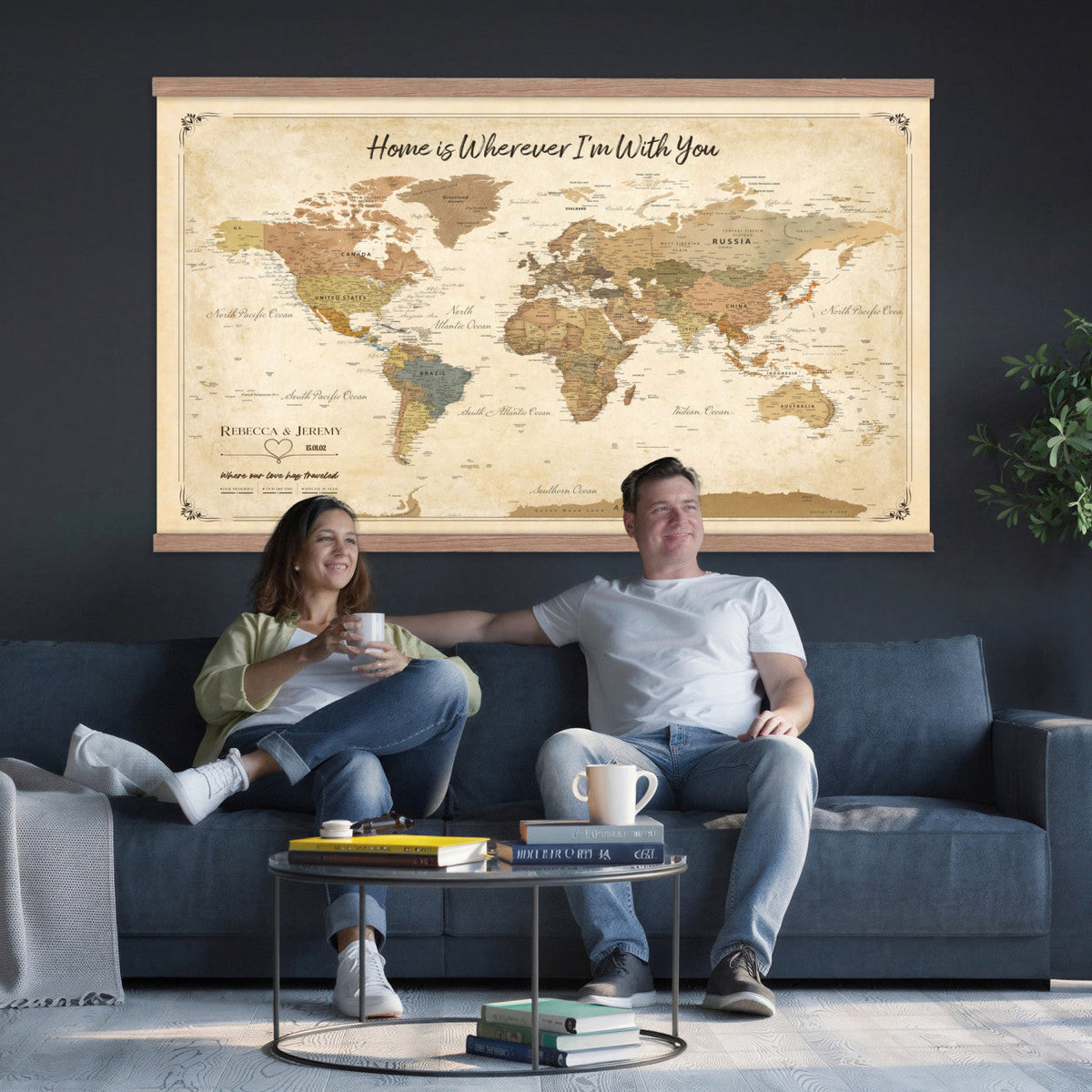 40086165-T-MGV-TP-30X20 - Framed Vintage Custom World Map Tapestry Print - Personalized Travel Map Wall Art Tapestry
