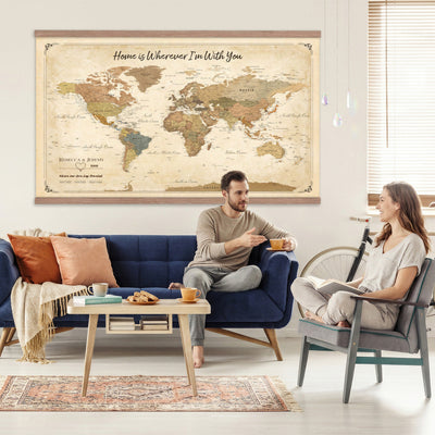 40086165-T-MGV-TP-30X20 - Framed Vintage Custom World Map Tapestry Print - Personalized Travel Map Wall Art Tapestry