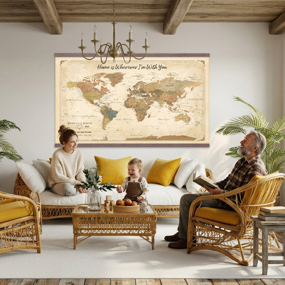 40086165-MGV-TP-30X20 - Framed Vintage Custom Push Pin World Map Canvas Print | Personalized Travel Map Wall Art
