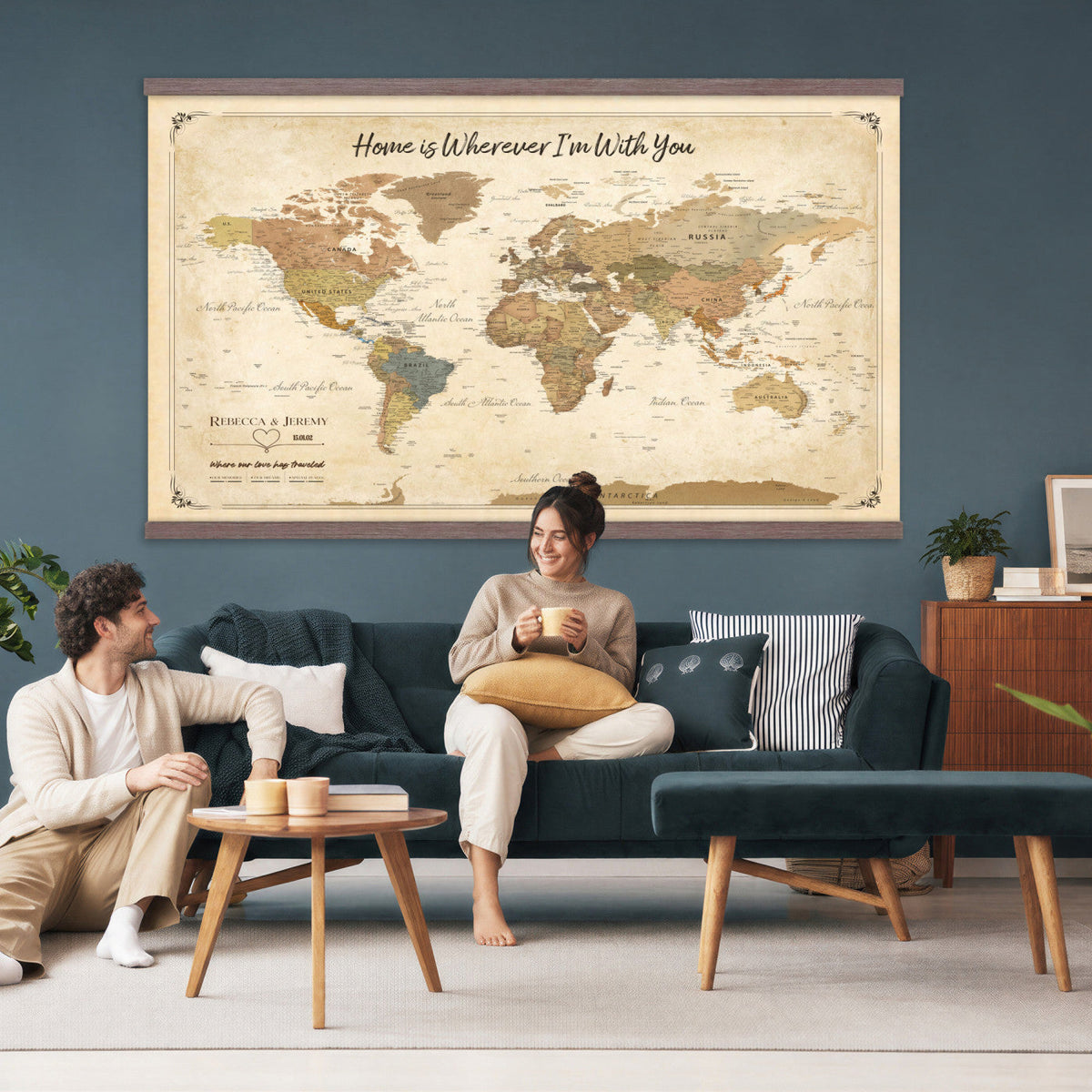 40086165-T-MGV-TP-30X20 - Framed Vintage Custom World Map Tapestry Print - Personalized Travel Map Wall Art Tapestry