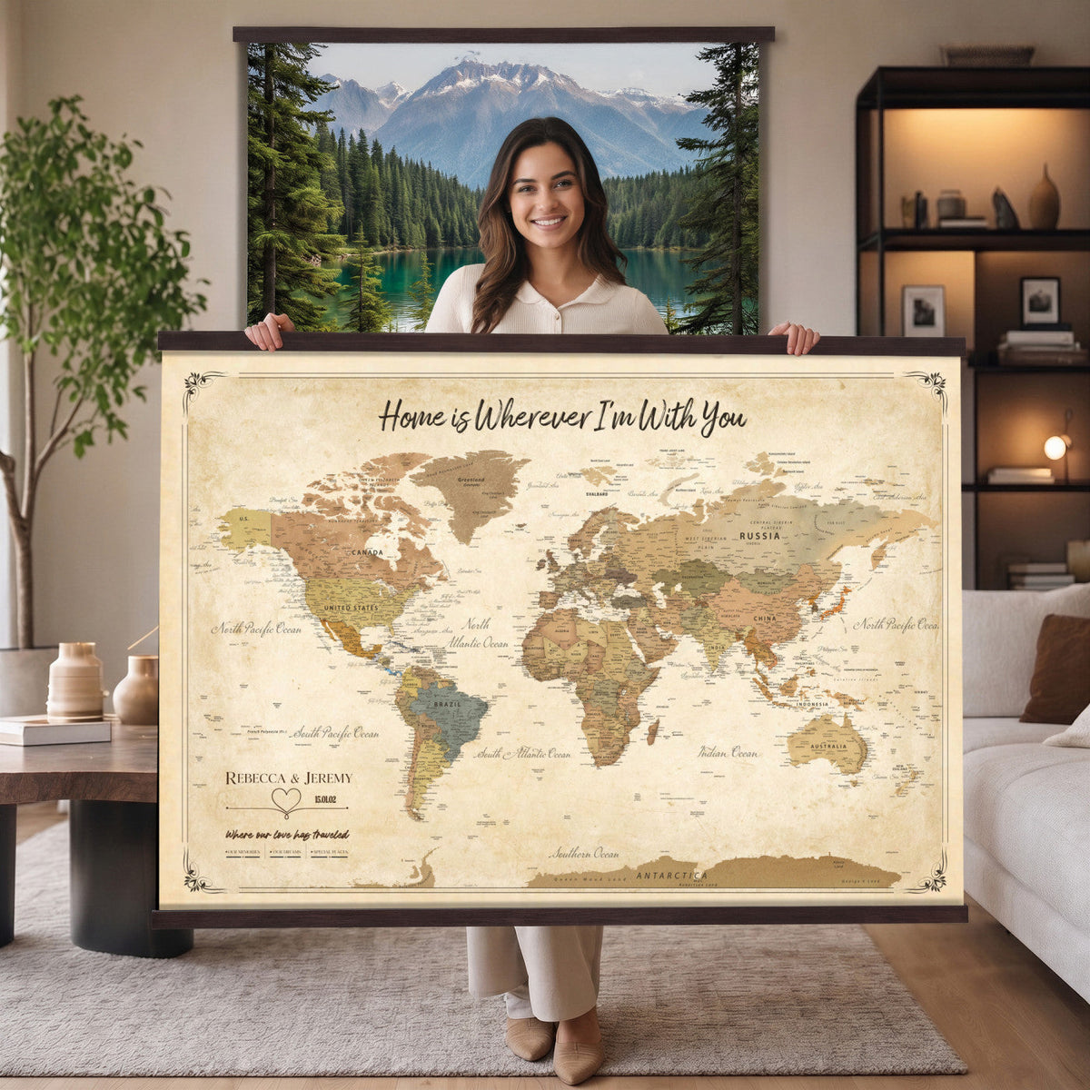 40086165-MGV-TP-30X20 - Framed Vintage Custom Push Pin World Map Canvas Print | Personalized Travel Map Wall Art