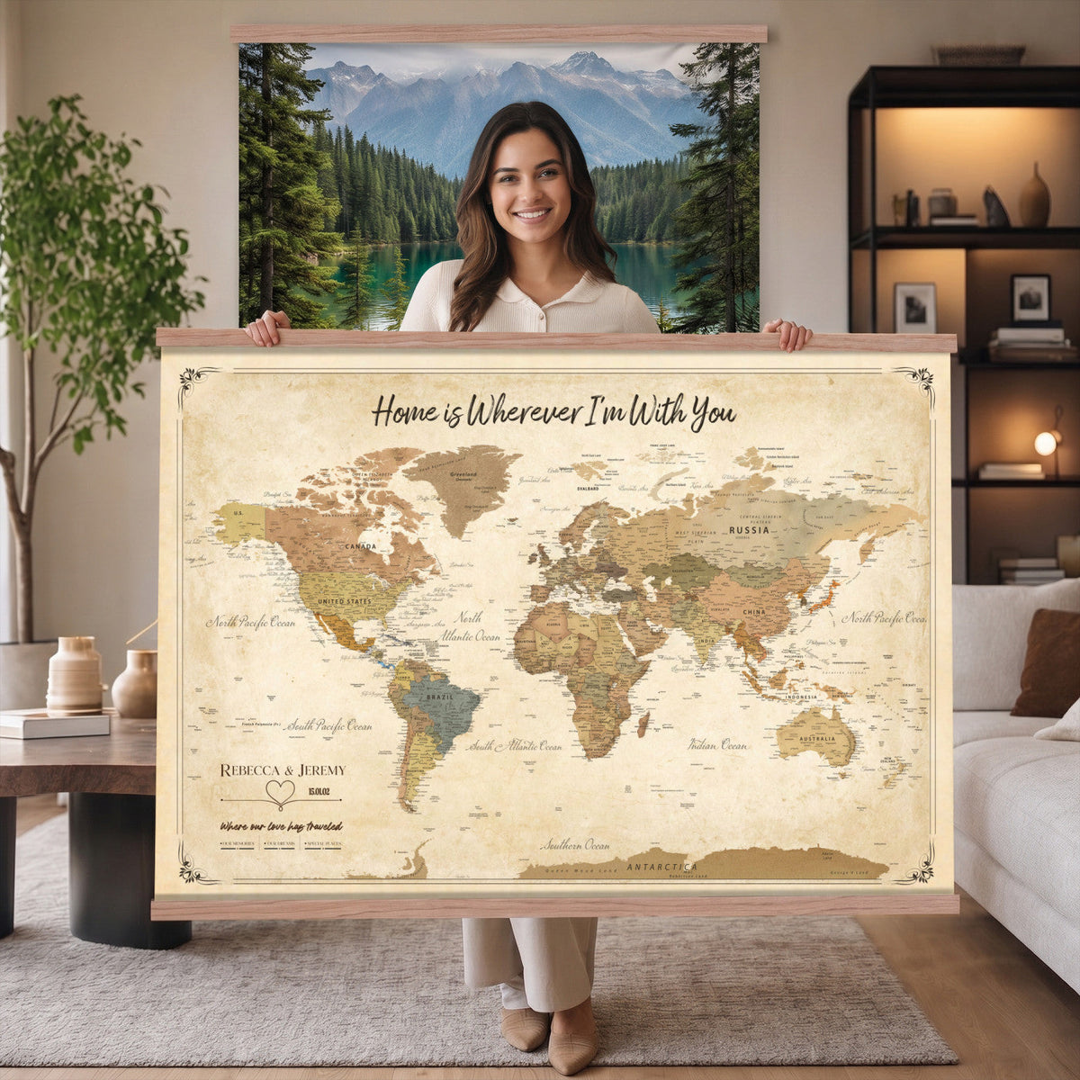 40086165-MGV-TP-30X20 - Framed Vintage Custom Push Pin World Map Canvas Print | Personalized Travel Map Wall Art
