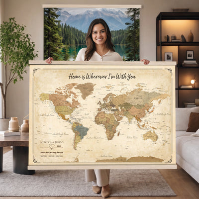 40086165-MGV-TP-30X20 - Framed Vintage Custom Push Pin World Map Canvas Print | Personalized Travel Map Wall Art