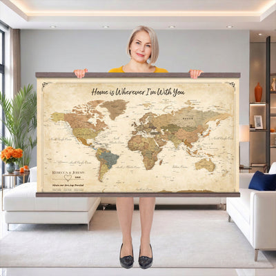 40086165-MGV-TP-30X20 - Framed Vintage Custom Push Pin World Map Canvas Print | Personalized Travel Map Wall Art