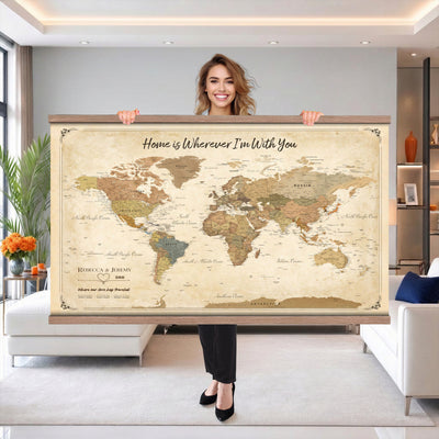 40086165-T-MGV-TP-30X20 - Framed Vintage Custom World Map Tapestry Print - Personalized Travel Map Wall Art Tapestry