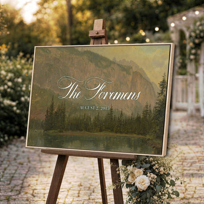 96706505-MCV-HS-36X24 - Personalized Family Name Sign | Mountain Lake Vintage Landscape Canvas | Wedding Gift