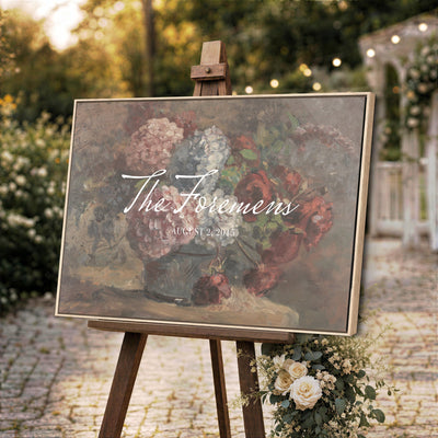 48524805-MCV-HS-36X24 - Wedding Easel Sign | Personalized Rose Bouquet Vintage Canvas | Framed Welcome Sign for Ceremony
