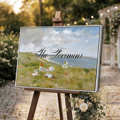 70430546-MCV-HS-36X24 - Personalized Family Name Sign | Hillside Picnic Vintage Landscape Canvas | Wedding Gift