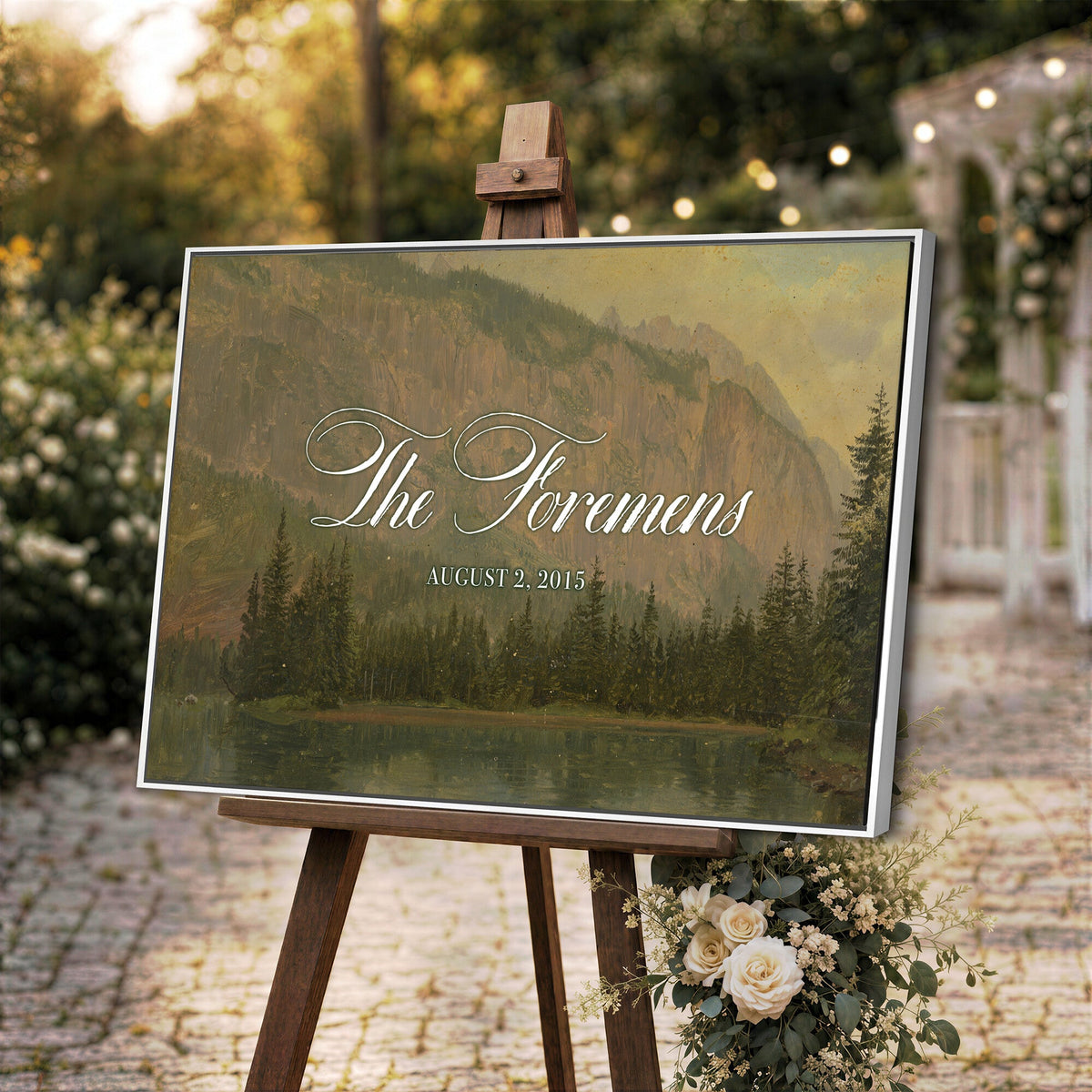96706505-MCV-HS-36X24 - Personalized Family Name Sign | Mountain Lake Vintage Landscape Canvas | Wedding Gift