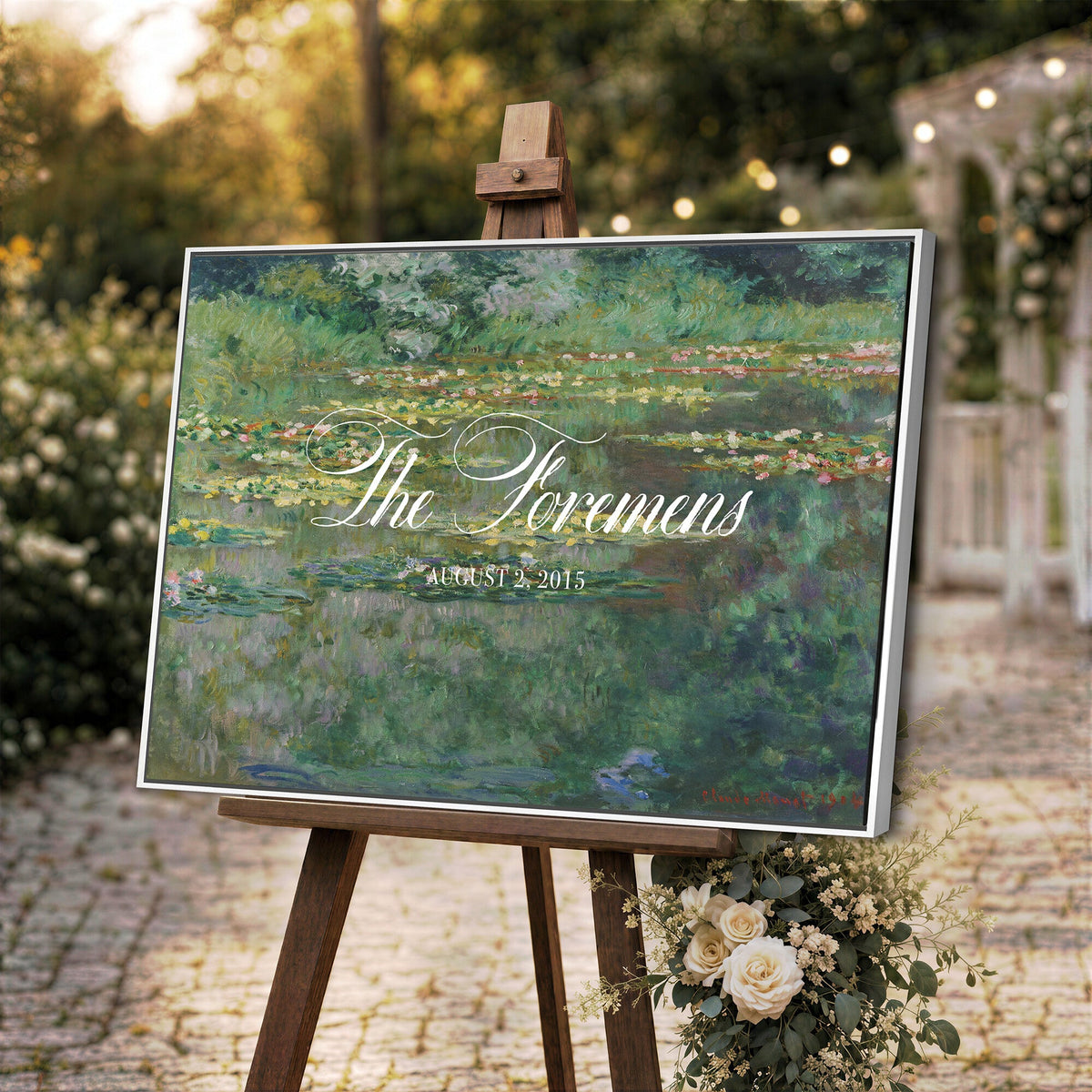 98675697-MCV-HS-36X24 - Wedding Easel Sign | Personalized Water Lily Pond Vintage Canvas | Framed Welcome Sign for Ceremony