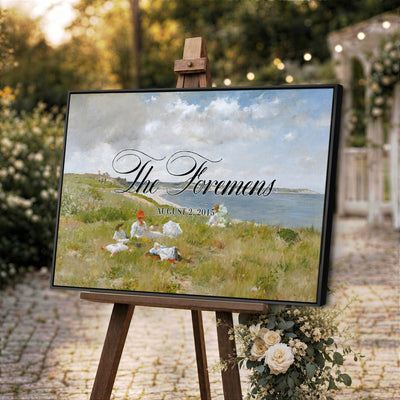 70430546-MCV-HS-36X24 - Personalized Family Name Sign | Hillside Picnic Vintage Landscape Canvas | Wedding Gift
