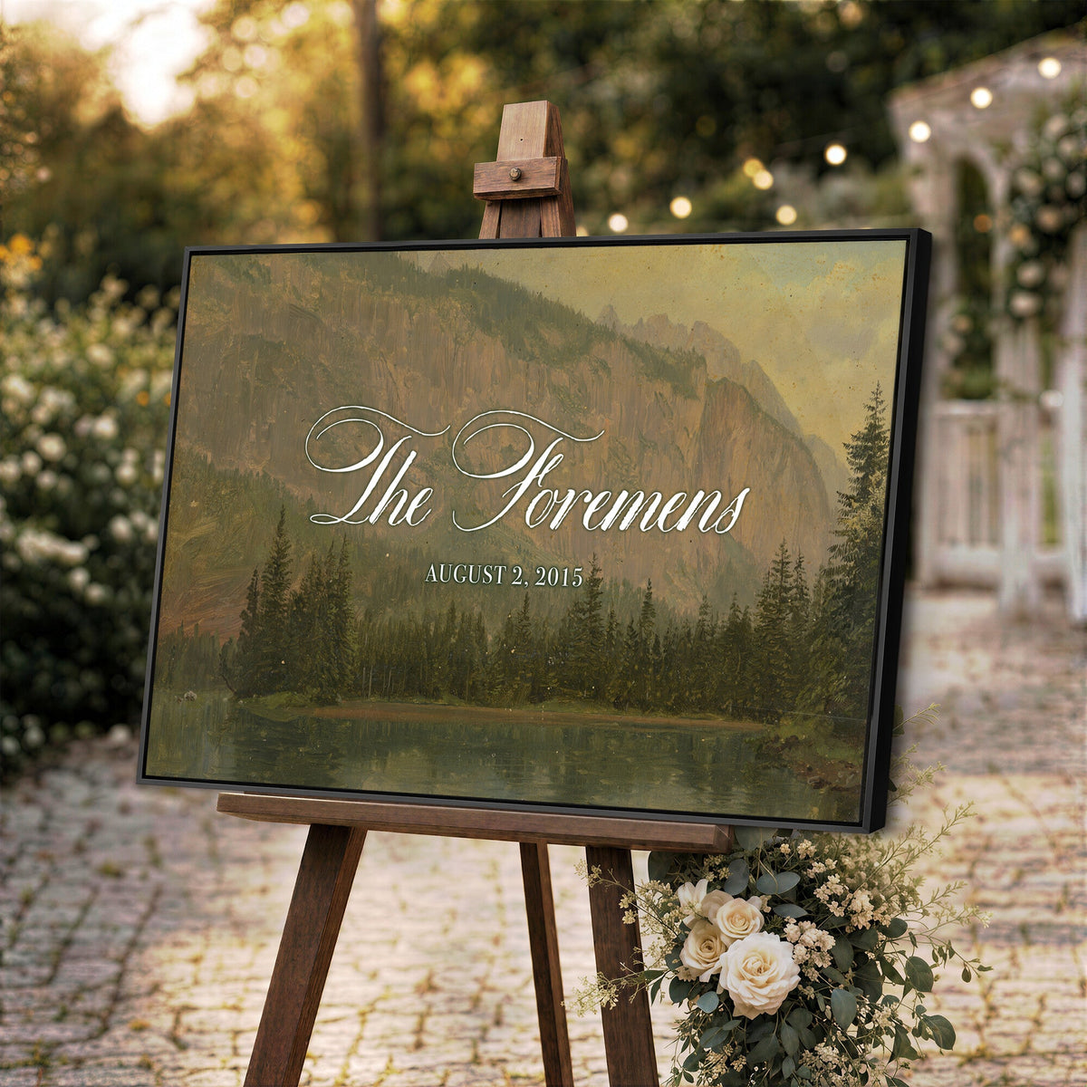 96706505-MCV-HS-36X24 - Personalized Family Name Sign | Mountain Lake Vintage Landscape Canvas | Wedding Gift