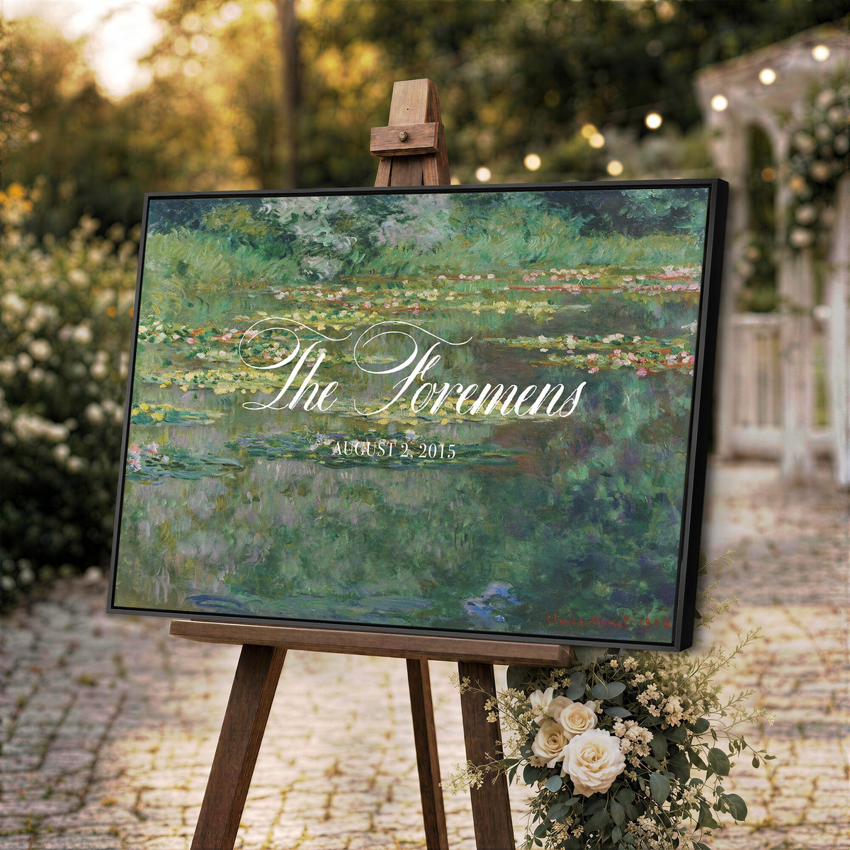 98675697-MCV-HS-36X24 - Wedding Easel Sign | Personalized Water Lily Pond Vintage Canvas | Framed Welcome Sign for Ceremony