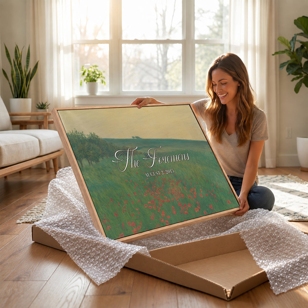 29657787-MCV-HS-36X24 - Personalized Family Name Sign | Poppy Field Vintage Landscape Canvas | Wedding Gift
