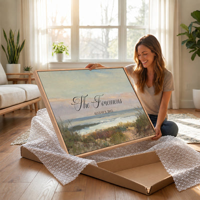 37585091-MCV-HS-36X24 - Wedding Easel Sign | Personalized Coastal Dunes Vintage Canvas | Framed Welcome Sign for Ceremony