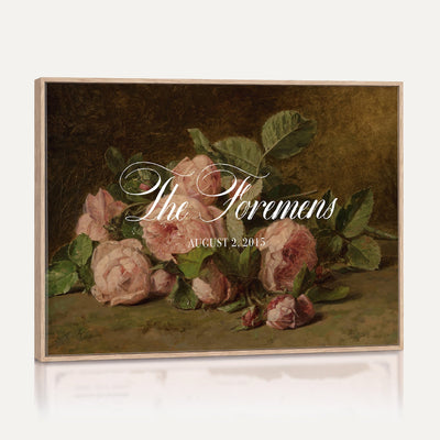 36376357-MCV-HS-36X24 - Wedding Easel Sign | Personalized Pink Roses Vintage Canvas | Framed Welcome Sign for Ceremony