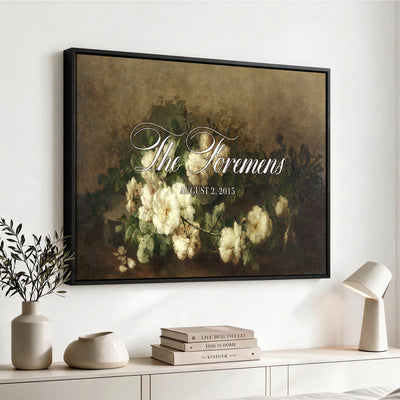 60065718-MCV-HS-36X24 - Wedding Easel Sign | Personalized White Peonies Vintage Canvas | Framed Welcome Sign for Ceremony