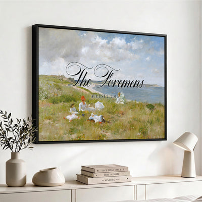 70430546-MCV-HS-36X24 - Personalized Family Name Sign | Hillside Picnic Vintage Landscape Canvas | Wedding Gift