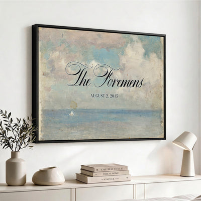 44421319-MCV-HS-36X24 - Wedding Easel Sign | Personalized Seascape Sailboat Vintage Canvas | Framed Welcome Sign for Ceremony