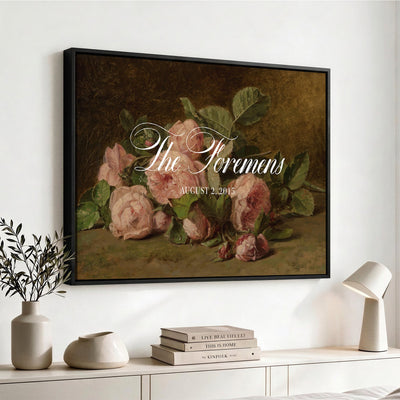 36376357-MCV-HS-36X24 - Wedding Easel Sign | Personalized Pink Roses Vintage Canvas | Framed Welcome Sign for Ceremony