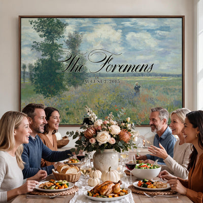 69396376-MCV-HS-36X24 - Personalized Family Name Sign | Cloudy Meadow Vintage Landscape Canvas | Wedding Gift
