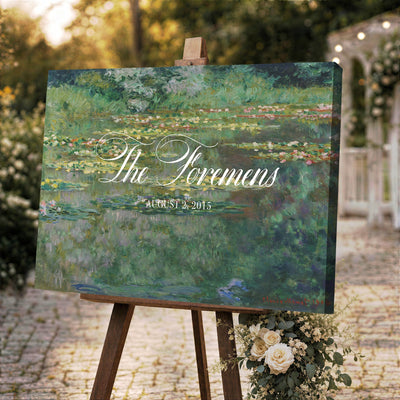 98675697-MCV-HS-36X24 - Wedding Easel Sign | Personalized Water Lily Pond Vintage Canvas | Framed Welcome Sign for Ceremony