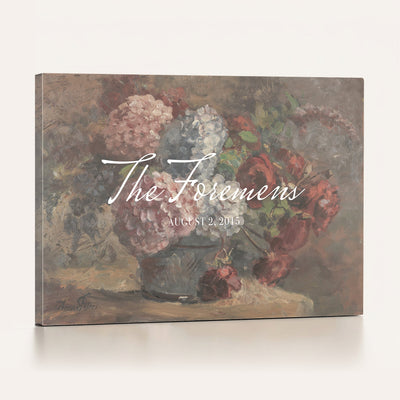 48524805-MCV-HS-36X24 - Wedding Easel Sign | Personalized Rose Bouquet Vintage Canvas | Framed Welcome Sign for Ceremony