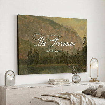 96706505-MCV-HS-36X24 - Personalized Family Name Sign | Mountain Lake Vintage Landscape Canvas | Wedding Gift